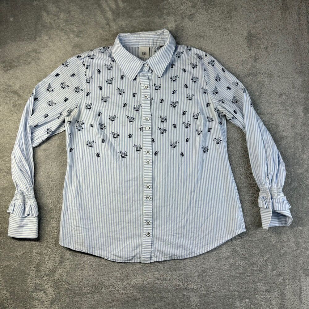 Cabi Top Women's Medium Blue White Striped Floral Button Up Long Sleeve Cotton